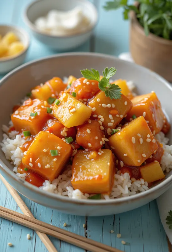 Gebakken tofu met zoetzure saus, paprika en ananas