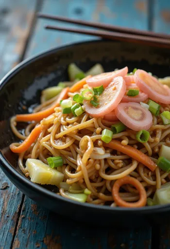 Yakisoba met groenten, gebakken noedels geserveerd met kleurrijke groenten
