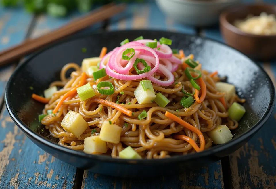 Yakisoba met groenten, gebakken noedels geserveerd met kleurrijke groenten