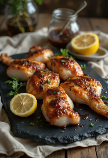 Gegrilde ratelslang geserveerd op een houten plank met barbecuesaus.