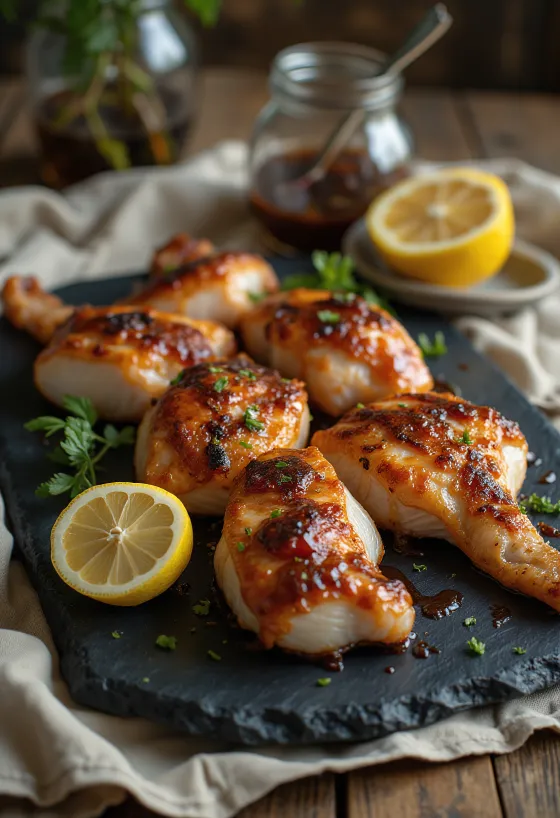 Gegrilde ratelslang geserveerd op een houten plank met barbecuesaus.