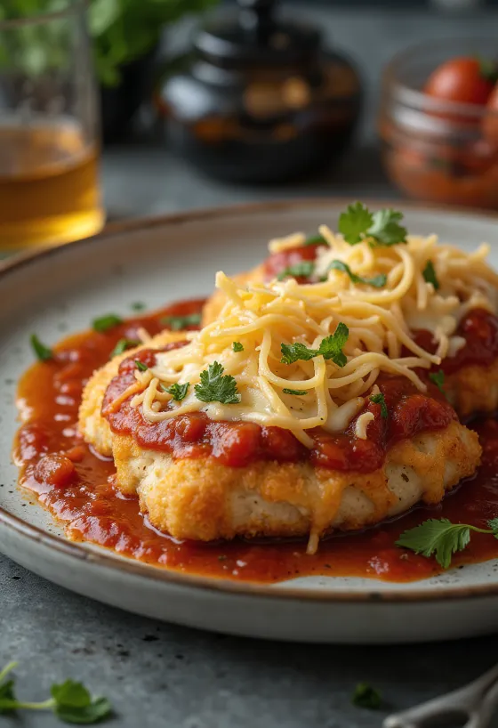 Kip parmigiana geserveerd met pasta en verse basilicum