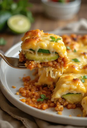 Courgette-ovenschotel met rode linzen geserveerd