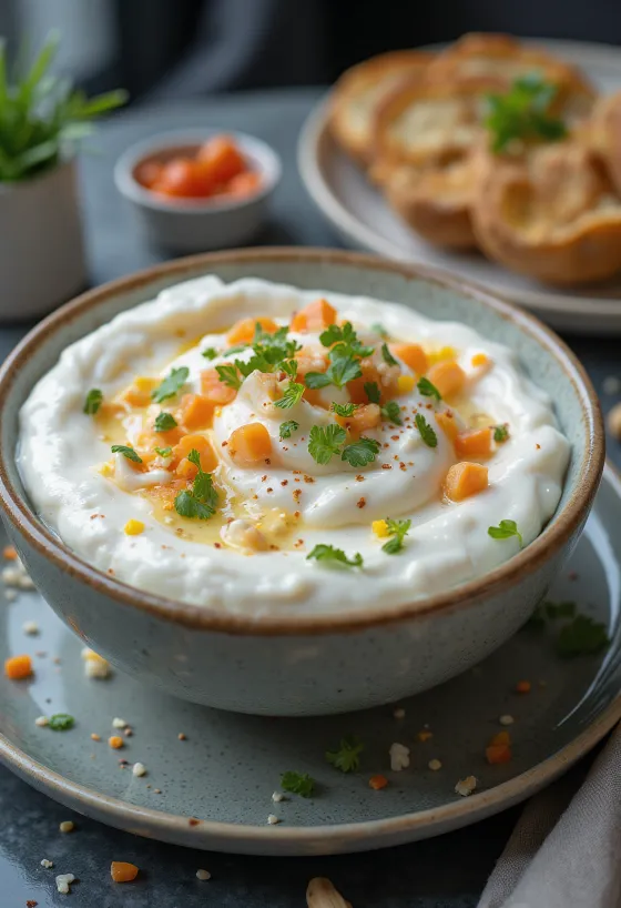 Yoghurt-dillesaus met komkommer geserveerd