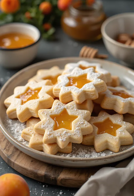 Honinglinzer bestrooid met poedersuiker, gevuld met jam