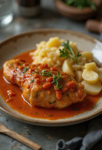 Pörkölt met ganzenbout geserveerd