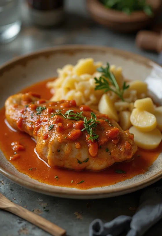 Pörkölt met ganzenbout geserveerd