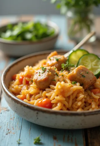 Rijstschotel met sappig varkensvlees en rijk aan groenten.