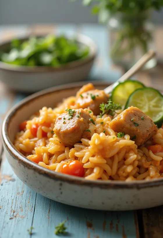 Rijstschotel met sappig varkensvlees en rijk aan groenten.