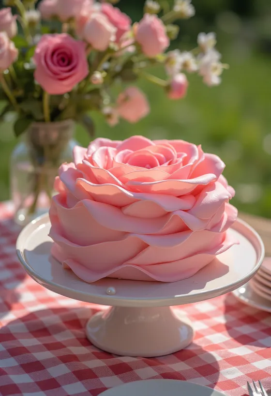 Roosvormige taart met roze en groene fondantdecoratie