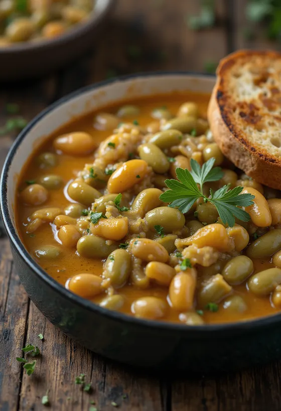 Sperziebonenstoof in dikke zure roomsaus, bestrooid met verse dille