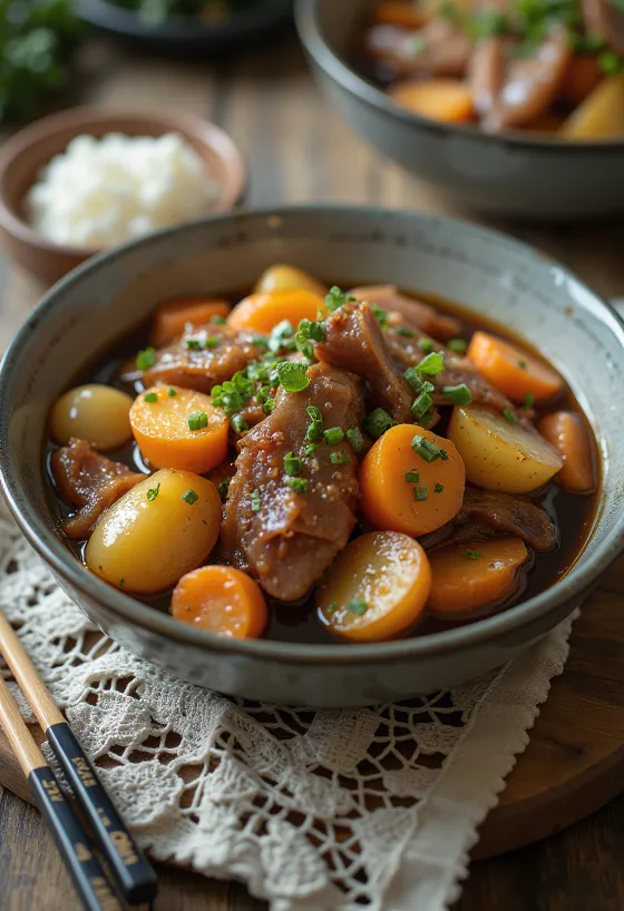 Nikujaga met gerookt vlees geserveerd, in een rijke sojasaus