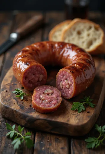 Gerookte worst in plakjes gesneden, geserveerd met vers brood en paprika.