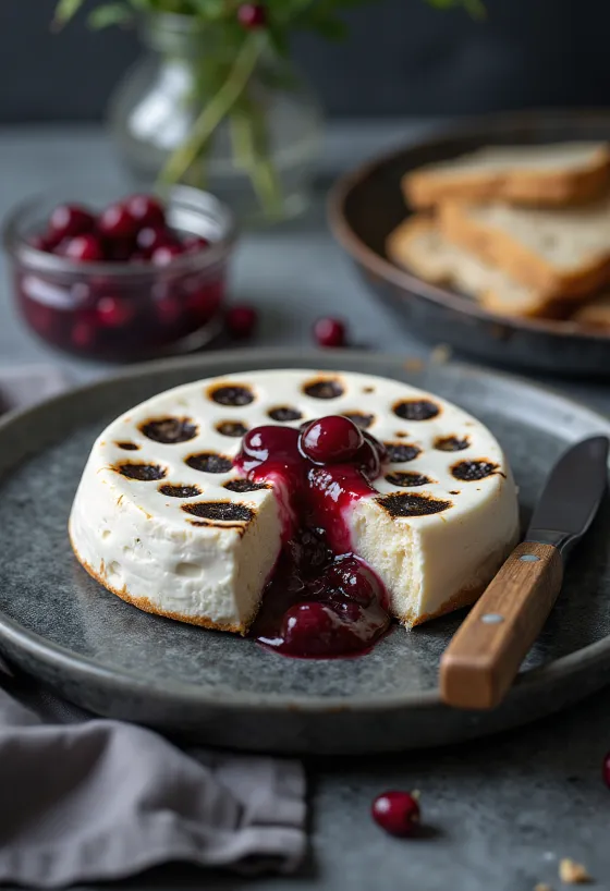 Leipäjuusto, goudbruin gebakken Finse kaas in ronde vorm, op een houten bord