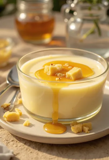 Honing-vanillepudding in glazen, versierd met munt