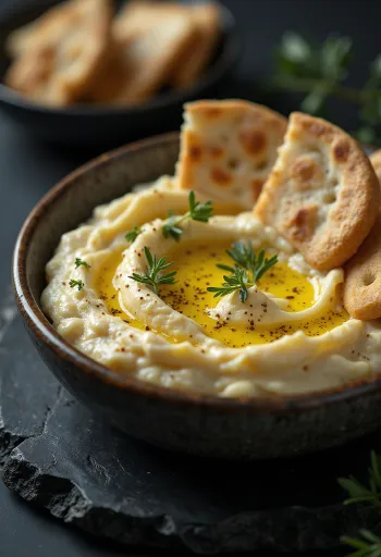 Auberginedip met pitabrood en verse peterselie