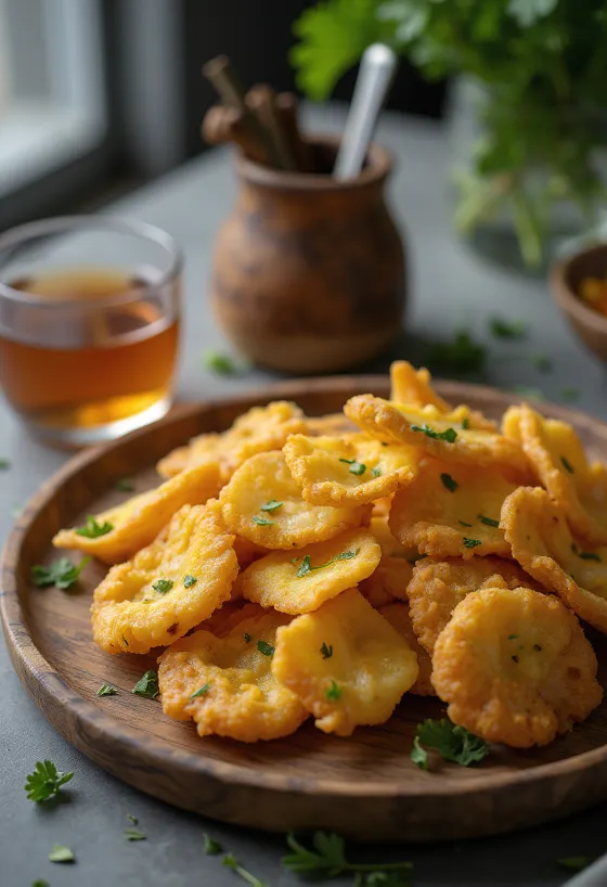 Auberginepakora, krokant en kruidig geserveerd