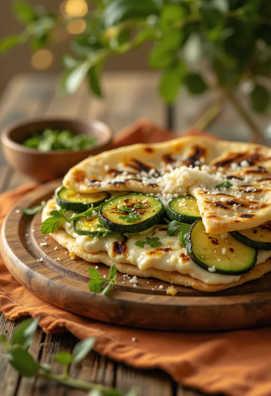 Piadina met basilicumcrème en gegrilde courgette geserveerd