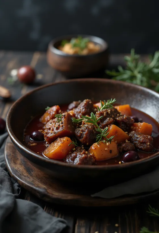 Pörkölt met hertenvlees, Hongaars wildgerecht versierd met peterselie