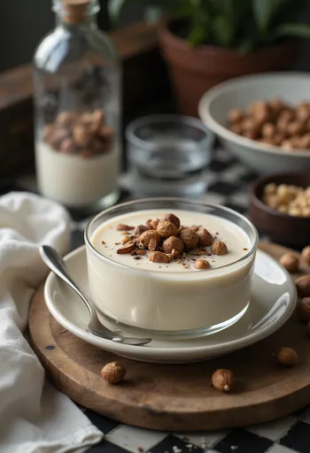 Probiotische kefir met hazelnoot geserveerd met verse muntblaadjes