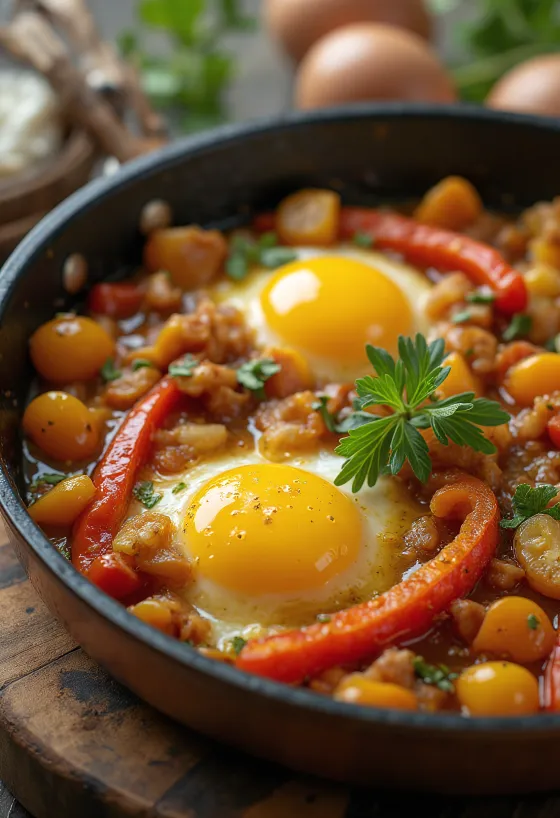 Ratatouille met kleurrijke geroosterde groenten, versierd met verse kruiden
