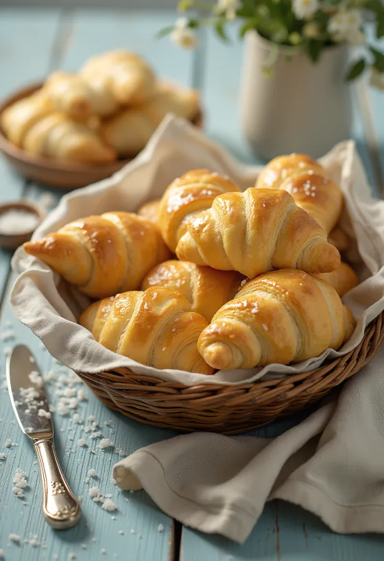 Vers gebakken, goudbruine zoute croissants in een mandje, bestrooid met zeezout.