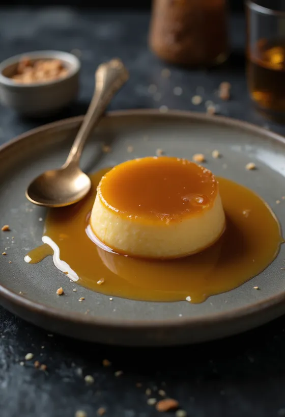 Spaanse karameltaart met gouden karamellaag en sinaasappelsmaak