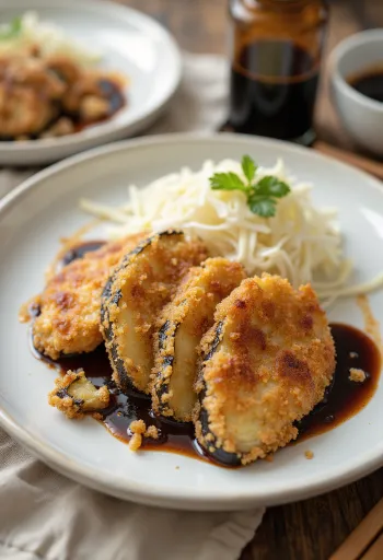 Aubergine katsu, knapperig gepaneerde aubergine met tonkatsusaus