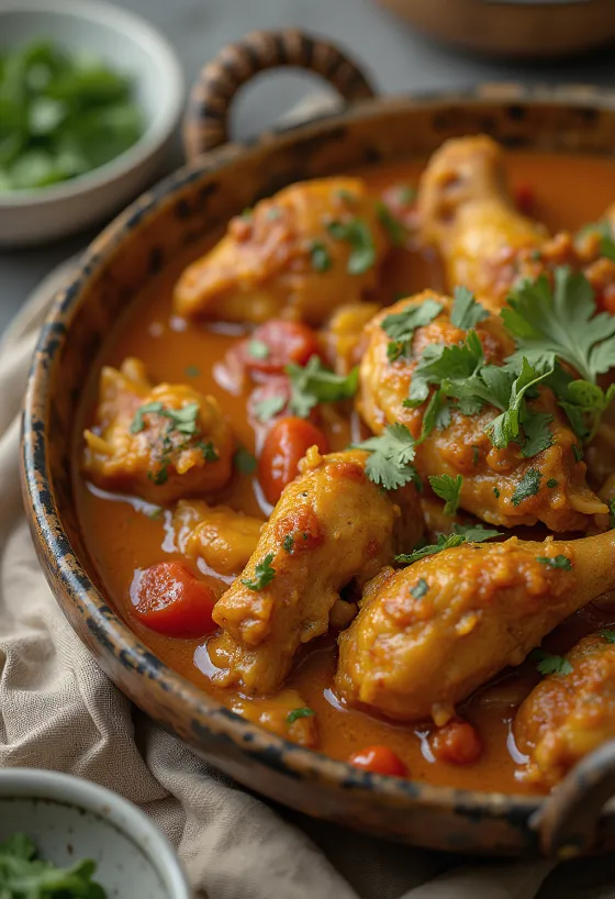 Kip Balti curry geserveerd met naanbrood en basmatirijst.