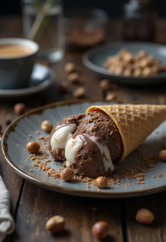 Chocoladekulfi geserveerd met pistache en stukjes verse chocolade