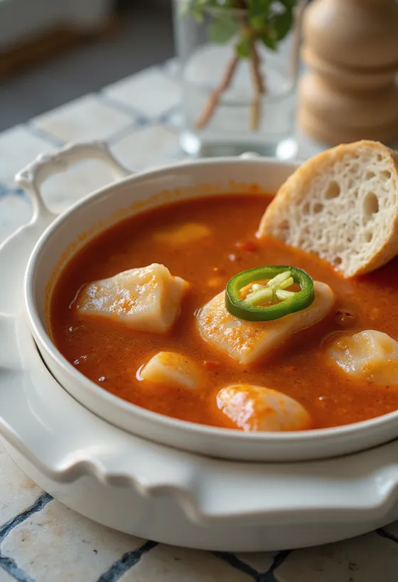 Vissoep van verse karper, geserveerd met rode paprikasaus en scherpe paprika