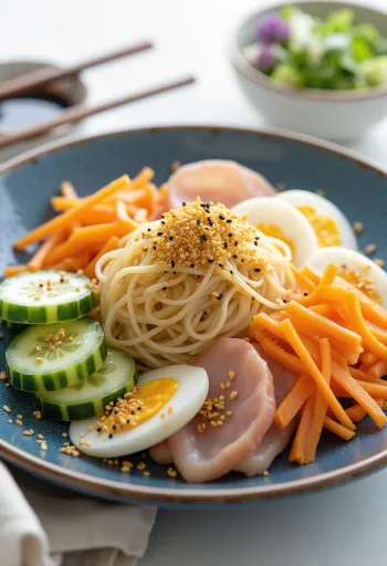 Hiyashi chuka koude Japanse ramen met groenten en ei