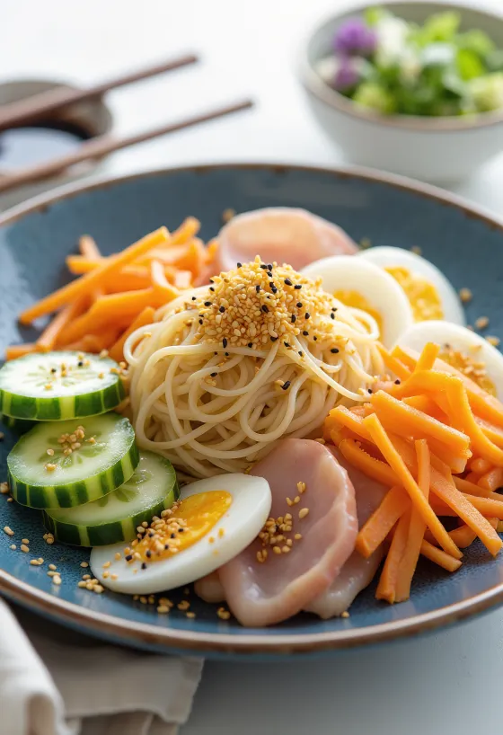 Hiyashi chuka koude Japanse ramen met groenten en ei