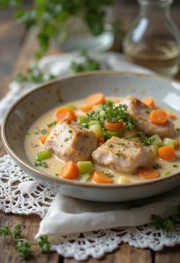 Konijnenfricassee geserveerd met romige saus en gegarneerd met verse peterselie