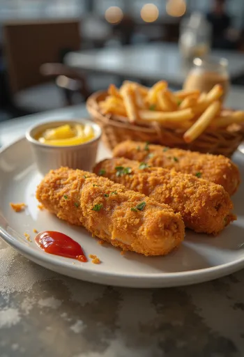 Goudbruin gebakken gepaneerde knakworst, geserveerd in een knapperig jasje met verse mosterd en ketchup.