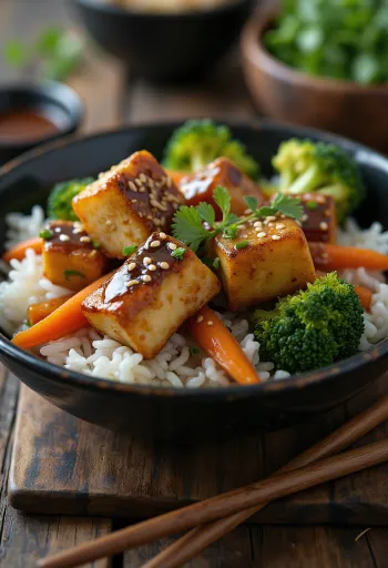 Sesamtofu met groenten, geroosterde sesam en verse groenten geserveerd.