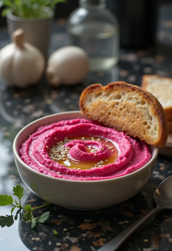 Bietenhummus geserveerd met toast