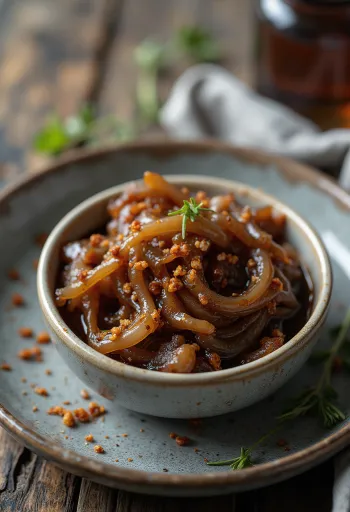 Gekaramelliseerde uien-chilisaus in een kom, gegarneerd met verse chili.