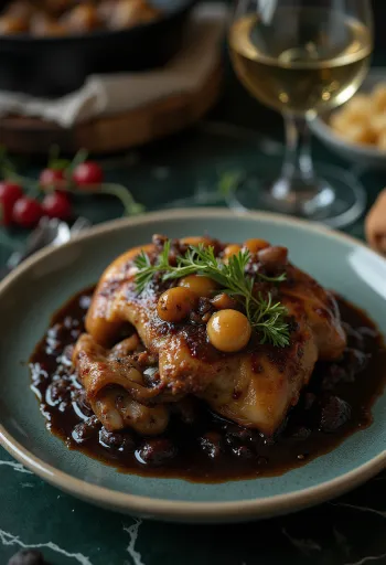 Coq au Vin geserveerd met verse peterselie en brood