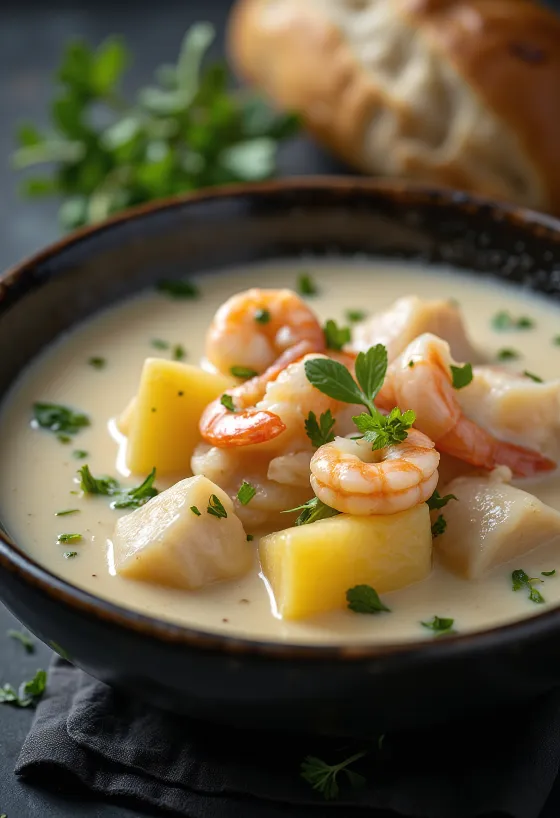 Cullen skink met zeevruchten, romige vissoep geserveerd