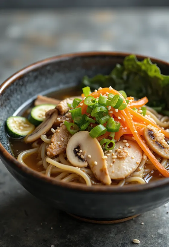 Gomoku udon geserveerd in een kom met kip en groenten in sojasausbouillon