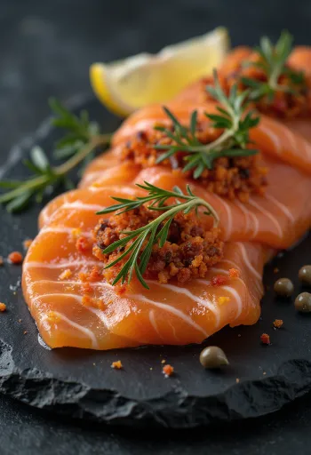 Gravlax met gerookte paprika geserveerd, versierd met dille