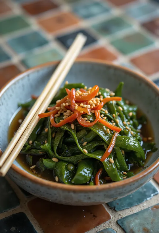 Kombusalade met chilipeper en koriander geserveerd