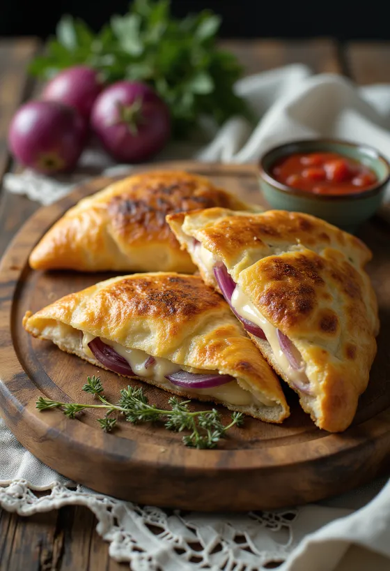 Vers gebakken calzone met rode ui en kaas