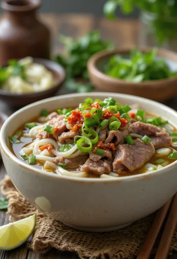 Rundvlees phở met hete bouillon, verse kruiden en limoen