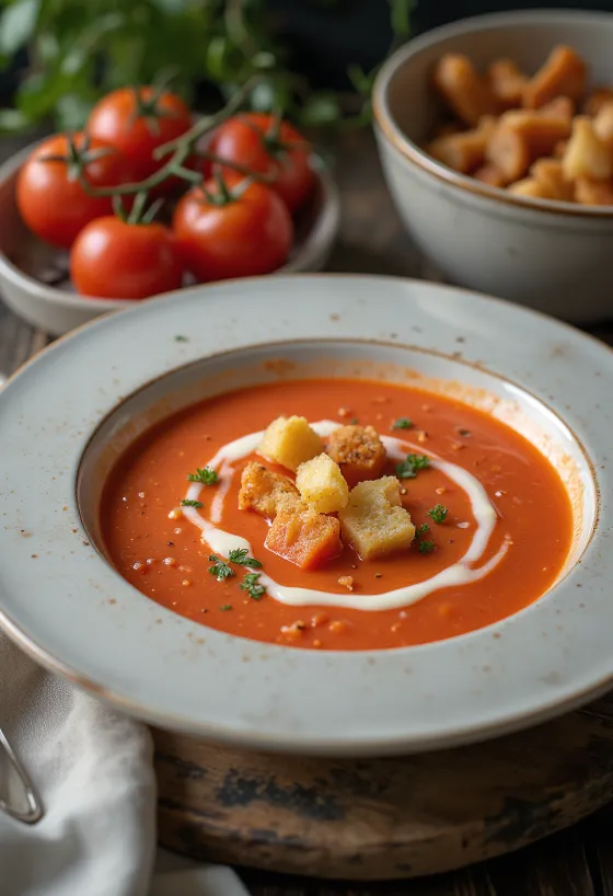 Romige tomatensoep met verse basilicum