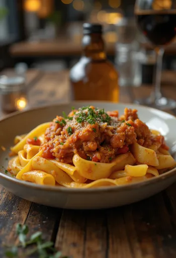 Konijnenragout geserveerd met pappardelle pasta en gegarneerd met verse rozemarijn