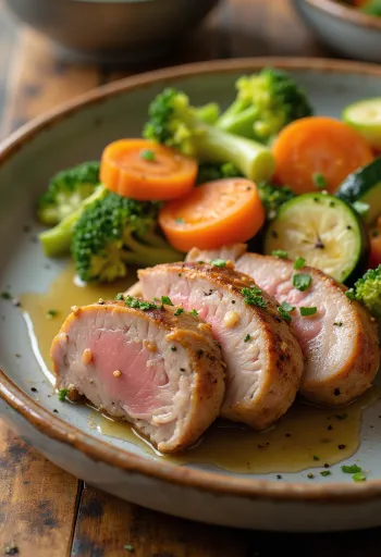 Varkenshaas met gestoomde groenten geserveerd