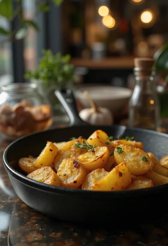 Goudbruin gebakken, krokante ovenaardappelen met verse kruiden.