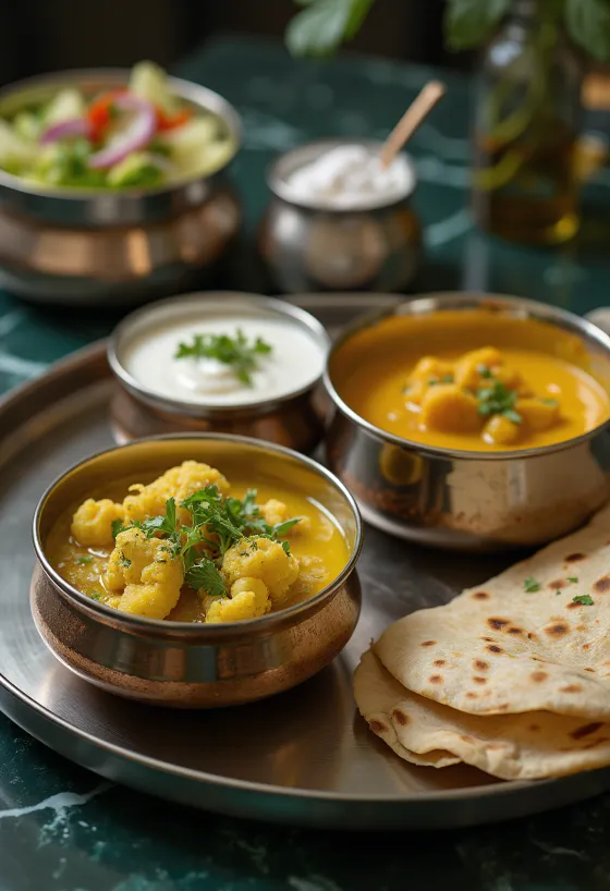 Thali in Noord-Indiase stijl, met basmatirijst, aloo gobi, dal, chapati en pappadums